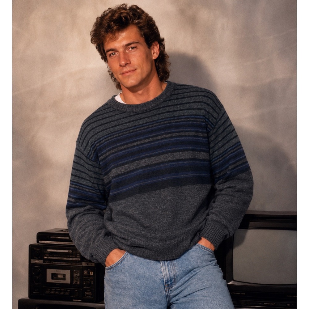 Vintage MUNSINGWEAR Grandpa Sweater Mens XL Gray Blue Striped Crew Neck Knit Vtg